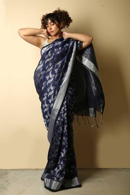  blue woven pure linen saree with blouse 1
