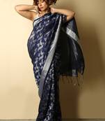  blue woven pure linen saree with blouse