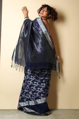  blue woven pure linen saree with blouse 2