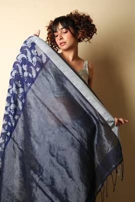  blue woven pure linen saree with blouse 3