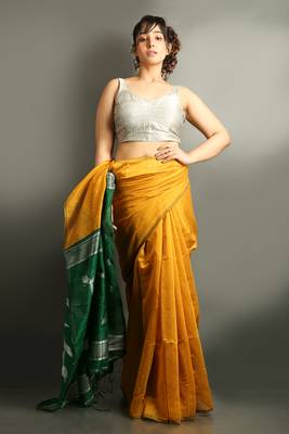 Yellow woven blended cotton saree with blouse 1