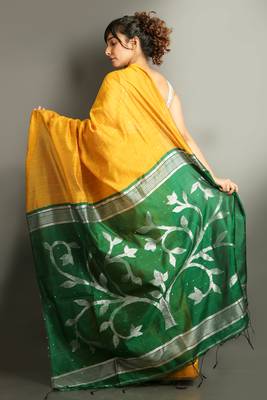 Yellow woven blended cotton saree with blouse 2