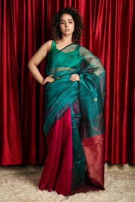 Dark pink woven matka silk saree with blouse 1