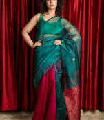 Dark pink woven matka silk saree with blouse