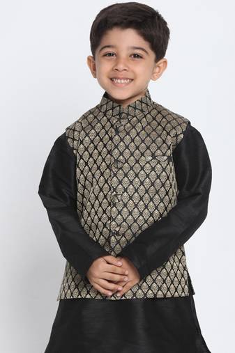 Black Printed Blended Cotton Boys-Nehru-Jacket