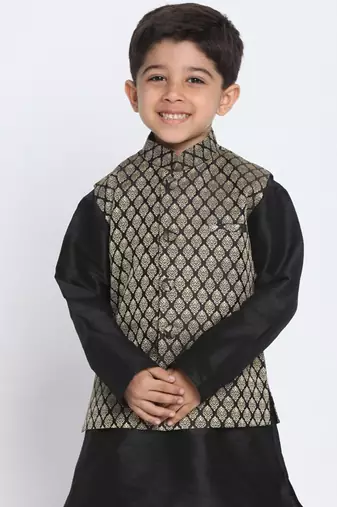 Black Printed Blended Cotton Boys-Nehru-Jacket