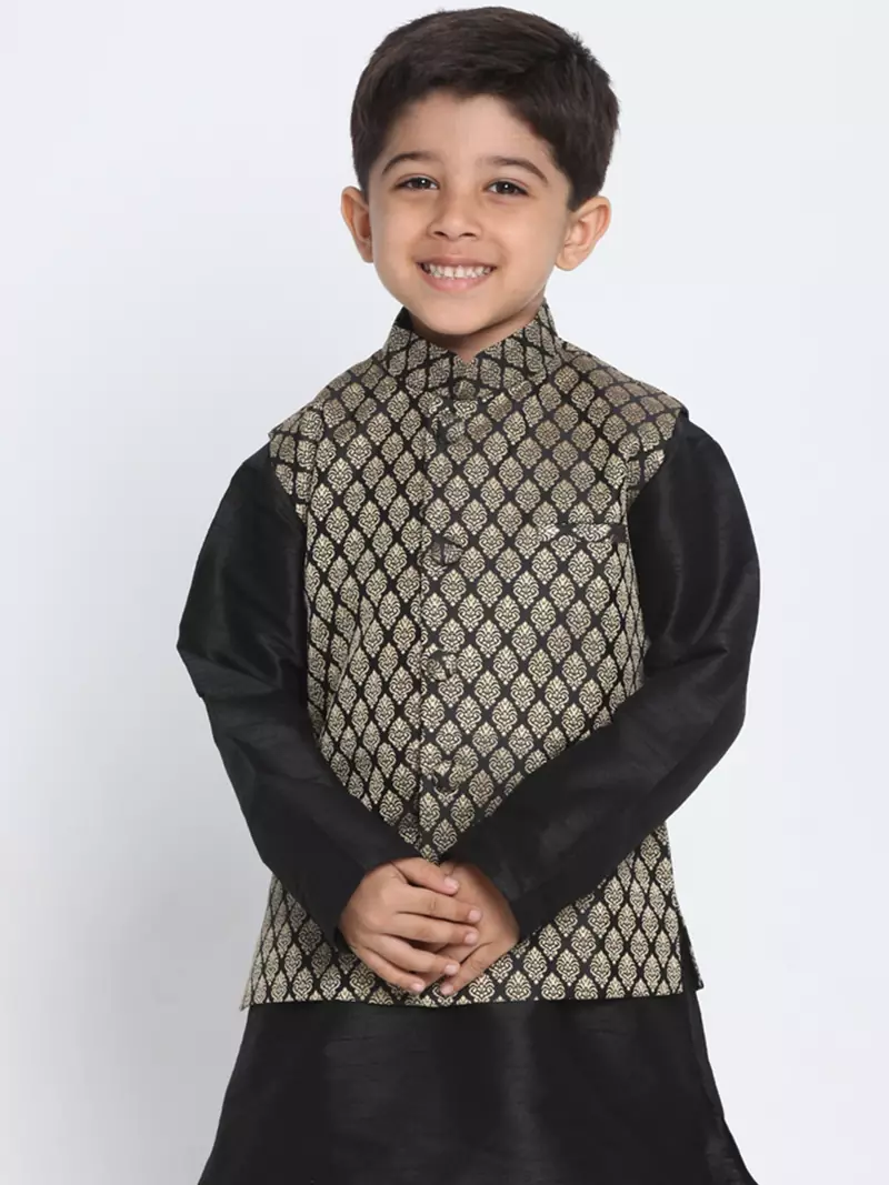 Black Printed Blended Cotton Boys-Nehru-Jacket