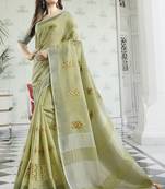 Olive embroidered linen saree with blouse