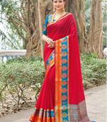 Red embroidered silk saree with blouse