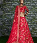 Red Zari And Sequins Embroidered Thai Silk Semi Stitched Wedding Lehenga