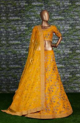 Yellow Embroidered Silk Semi Stitched Lehenga 1