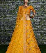 Yellow Embroidered Silk Semi Stitched Lehenga