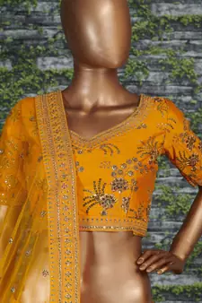 Yellow Embroidered Silk Semi Stitched Lehenga