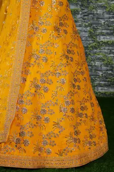 Yellow Embroidered Silk Semi Stitched Lehenga