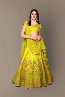 Light-green Zari and Sequins Embroidered Silk Semi Stitched Lehenga choli with dupatta