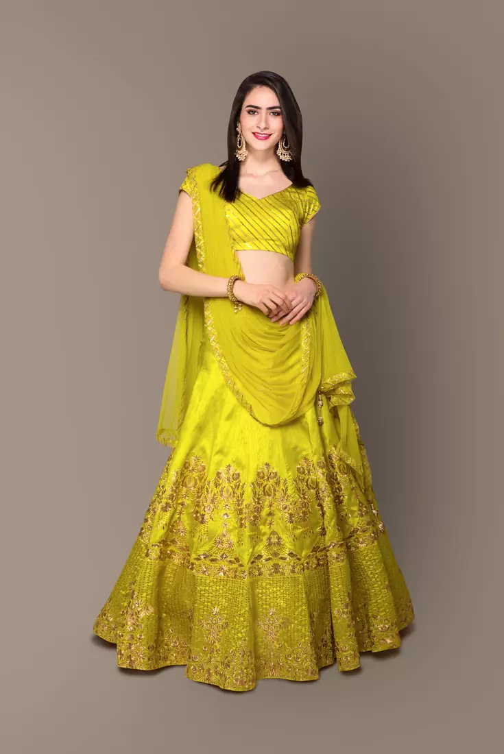 Light-green Zari and Sequins Embroidered Silk Semi Stitched Wedding lehenga