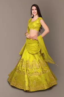 Light-green Zari and Sequins Embroidered Silk Semi Stitched Lehenga choli with dupatta