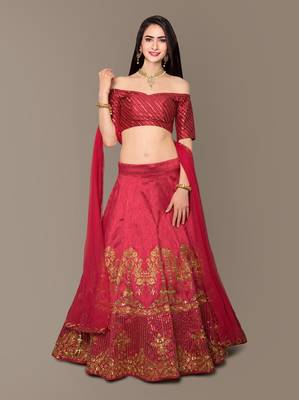 Red Zari and Sequins Embroidered Silk Semi Stitched wedding and party Lehenga 1