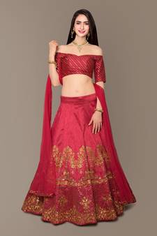 Red Zari and Sequins Embroidered Silk Semi Stitched wedding and party Lehenga