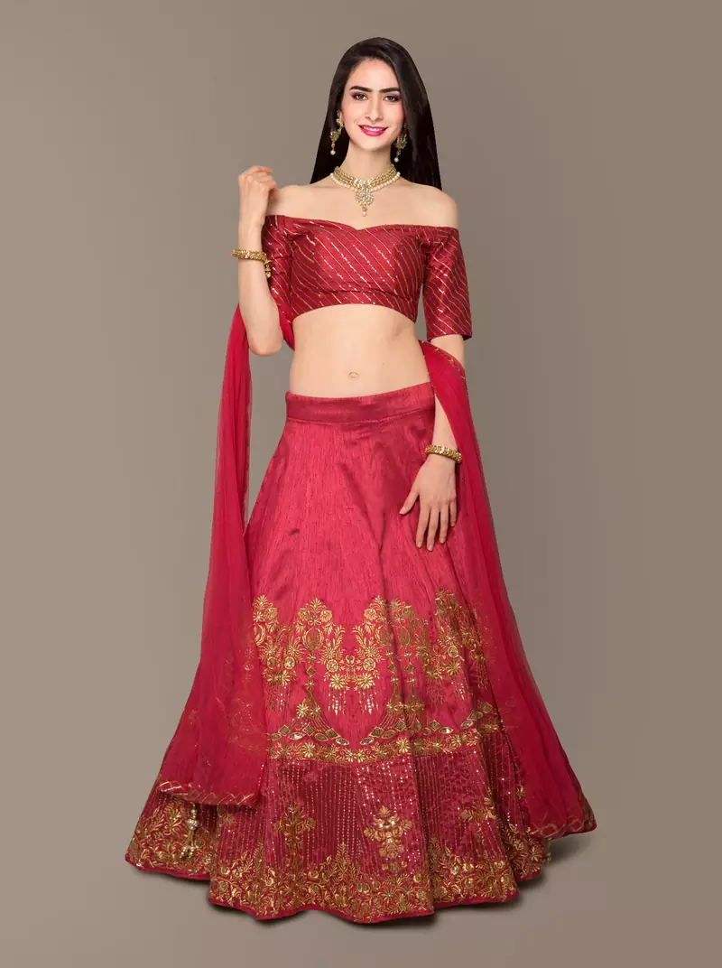 Red Zari and Sequins Embroidered Silk Semi Stitched Wedding lehenga