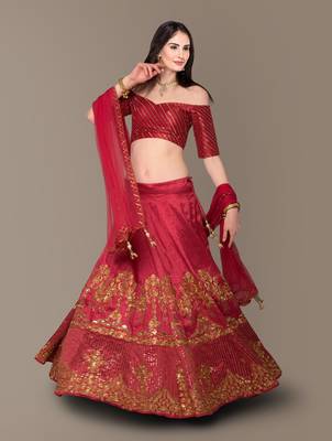 Red Zari and Sequins Embroidered Silk Semi Stitched wedding and party Lehenga 3