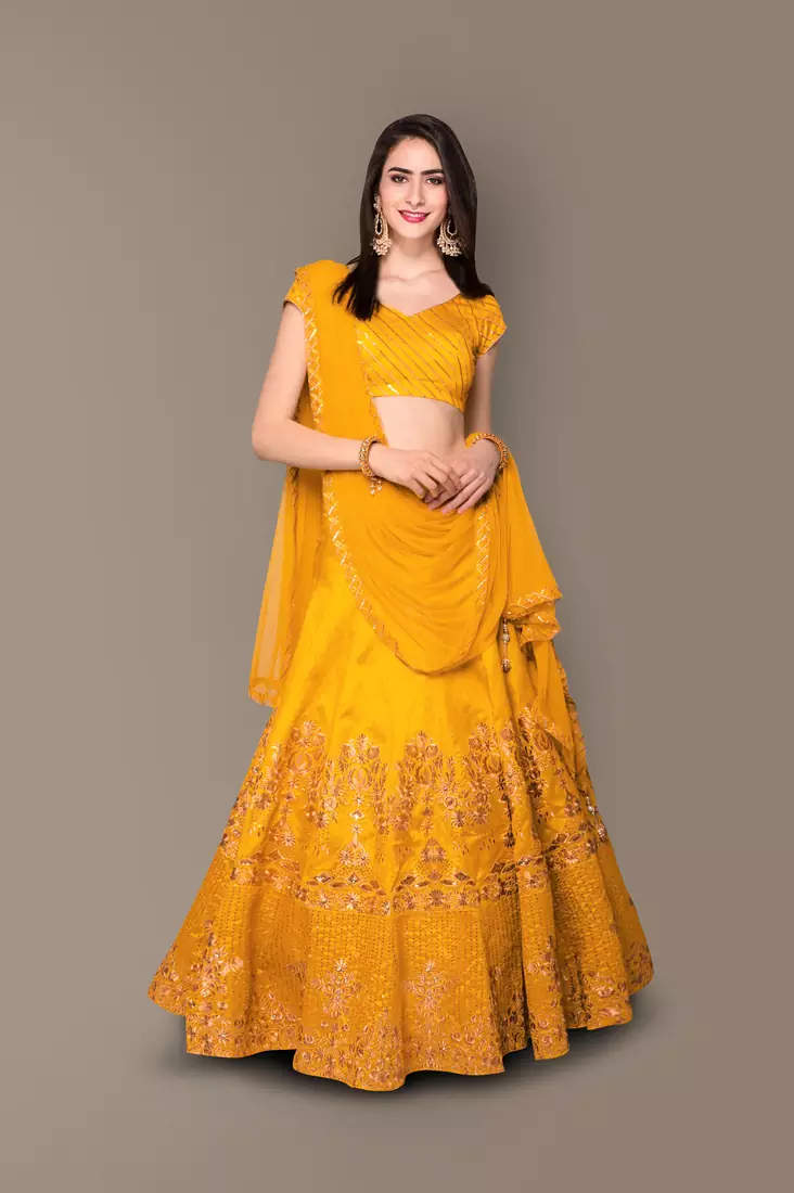 Yellow Zari and Sequins embroidered with stone work silk Semi Stitched bridal lehenga