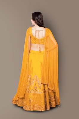 Yellow Zari and Sequins embroidered with stone work Silk Semi Stitched Bridal Lehenga 2