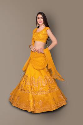 Yellow Zari and Sequins embroidered with stone work Silk Semi Stitched Bridal Lehenga 3