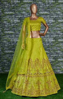 Light-green Embroidered Banglory Silk semi stitched Party lehenga 1