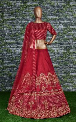 Red Embroidered Banglory Silk semi stitched Party lehenga 1
