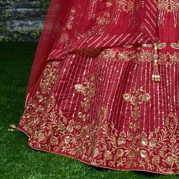 Red Embroidered Banglory Silk semi stitched Party lehenga 4