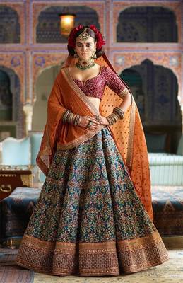 Blue Embroidered silk semi stitched wedding lehenga 1