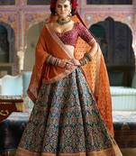 Blue Embroidered silk semi stitched wedding lehenga