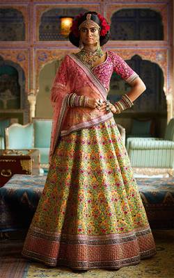 Yellow embroidered silk semi stitched lehenga 1