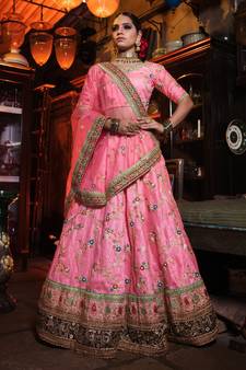 Pink Thread, Dori, Zari, and Sequins embroidered with stone work art silk semi stitched bridal lehenga