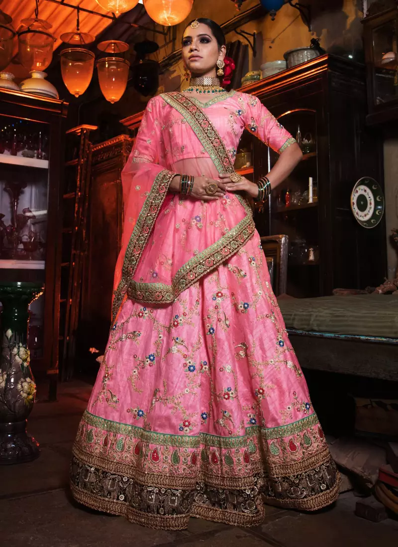 Pink Thread, Dori, Zari, and Sequins embroidered with stone work art silk semi stitched bridal lehenga