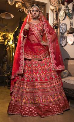 Red Thread Embroidered Mulberry Silk Semi Stitched Bridal Lehenga 1
