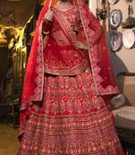 Red Thread Embroidered Mulberry Silk Semi Stitched Bridal Lehenga