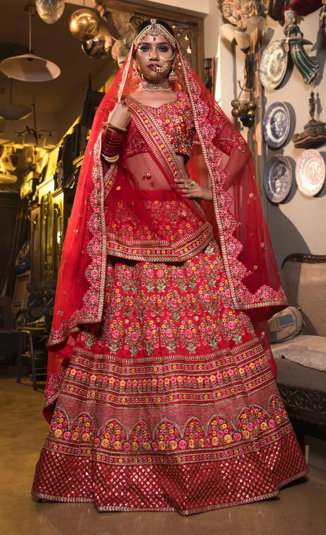 Red Thread Embroidered Mulberry Silk Semi Stitched Bridal Lehenga