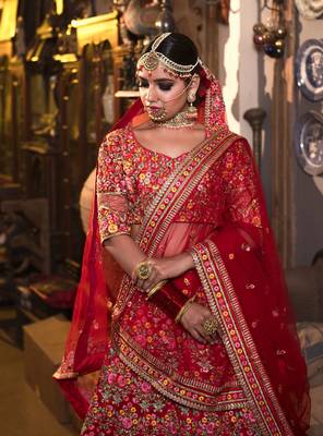 Red Thread Embroidered Mulberry Silk Semi Stitched Bridal Lehenga 2