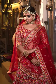 Red Thread Embroidered Mulberry Silk Semi Stitched Bridal Lehenga