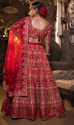 Red Thread Embroidered Mulberry Silk Semi Stitched Bridal Lehenga 3