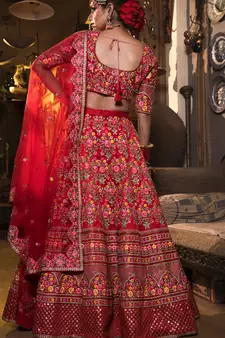 Red Thread Embroidered Mulberry Silk Semi Stitched Bridal Lehenga