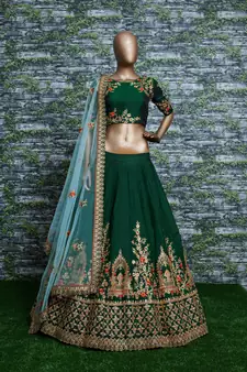 Dark-green embroidered silk semi stitched lehenga