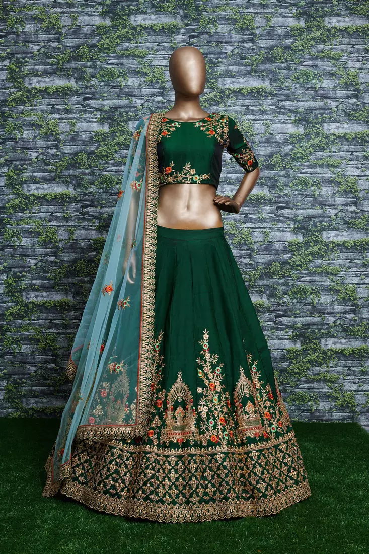 Dark-green embroidered silk semi stitched lehenga
