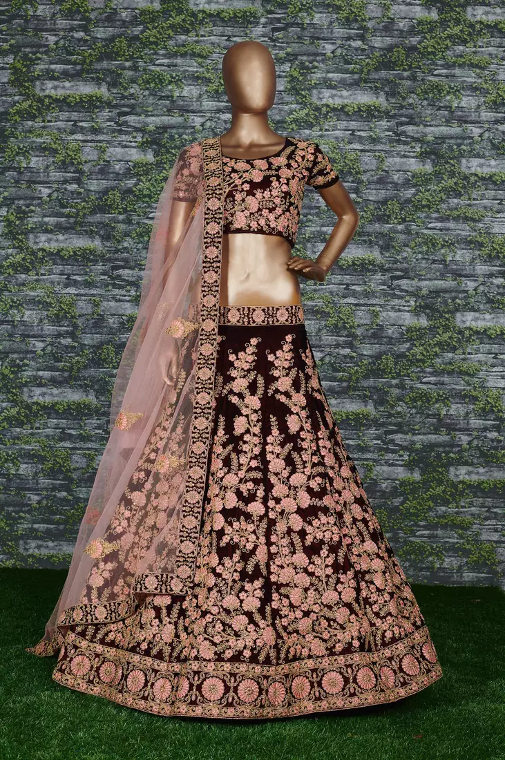 Maroon embroidered velvet semi stitched lehenga