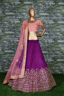 Purple embroidered silk semi stitched lehenga