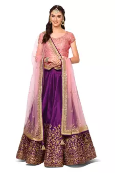 Purple embroidered silk semi stitched lehenga
