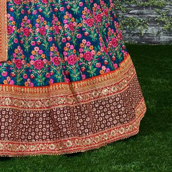 Blue Embroidered silk semi stitched wedding lehenga 3