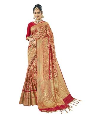 Red woven kanchipuram silk saree with blouse 1
